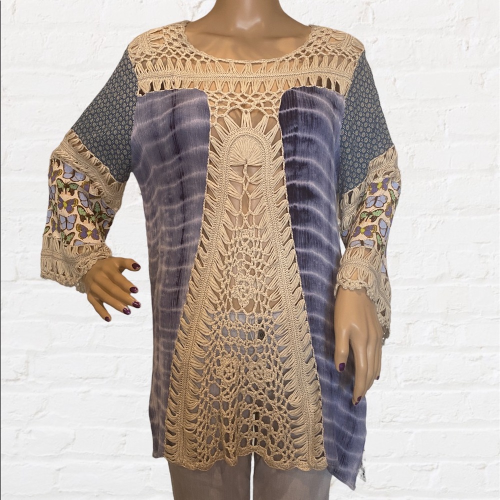 John Mark Blueprint Multi Media Boho Crocheted Long Tunic Top Blouse Large VGC
